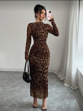 Leopard Print Long Sleeve Midi Dress - Brown Sz Small